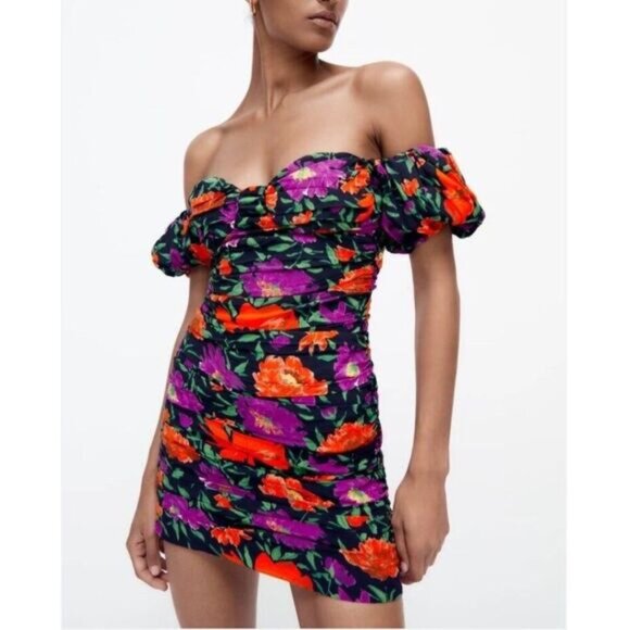ZARA Off-Shoulder Puff Sleeve Ruched Floral Mini Dress Sz M Flawed - Picture 1 of 16